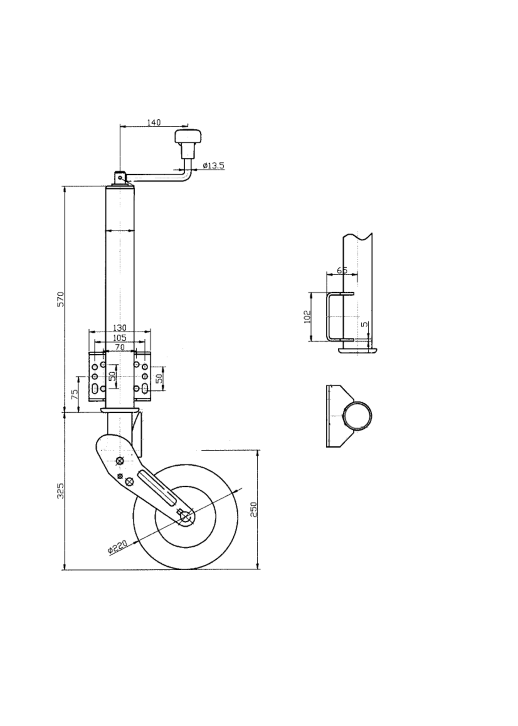 DTR Neuswiel rond 60 opklapbaar  225x65 Lengte 570mm