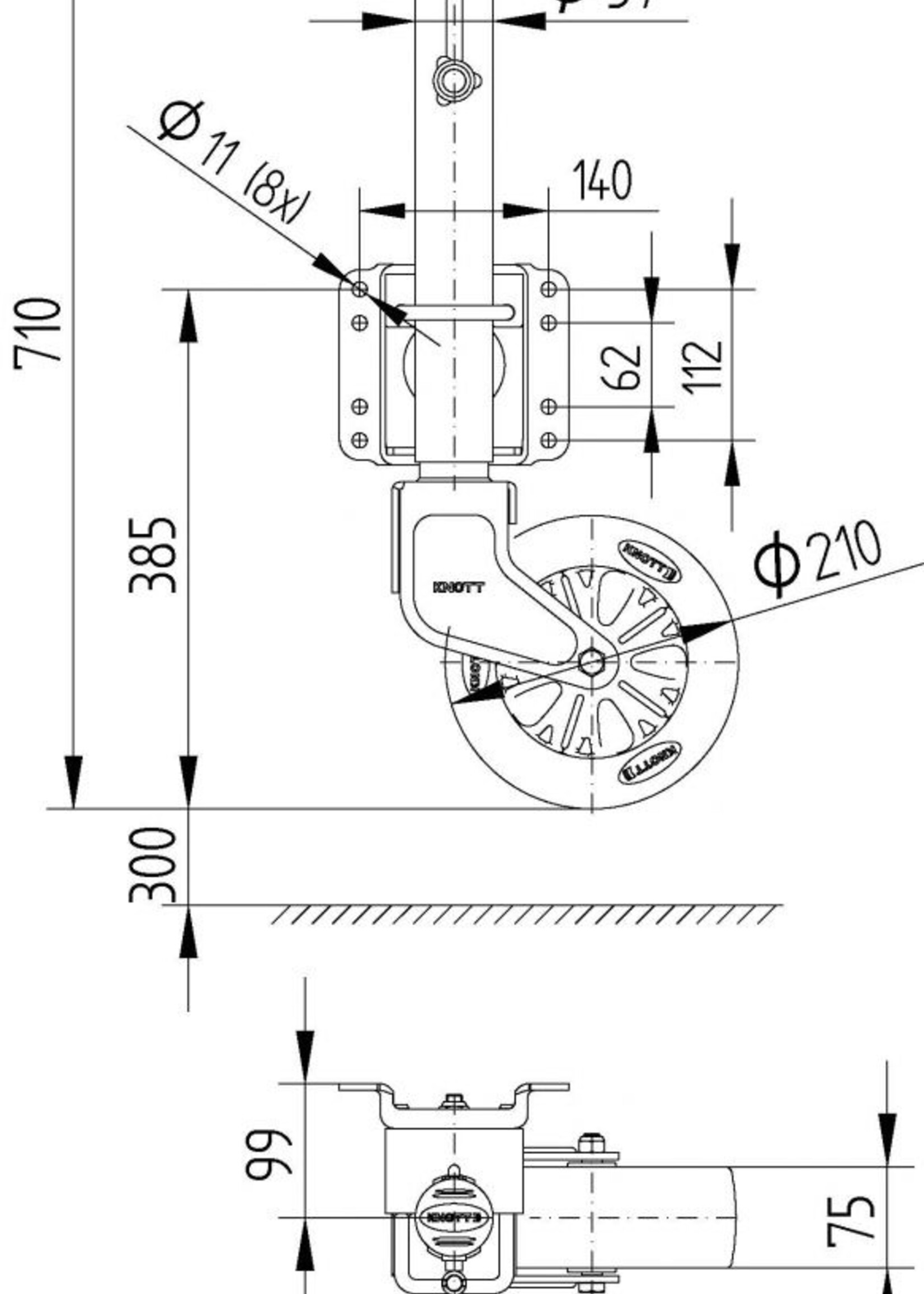 Knott Knott draaibaar neuswiel met zijslinger 500 kg.
