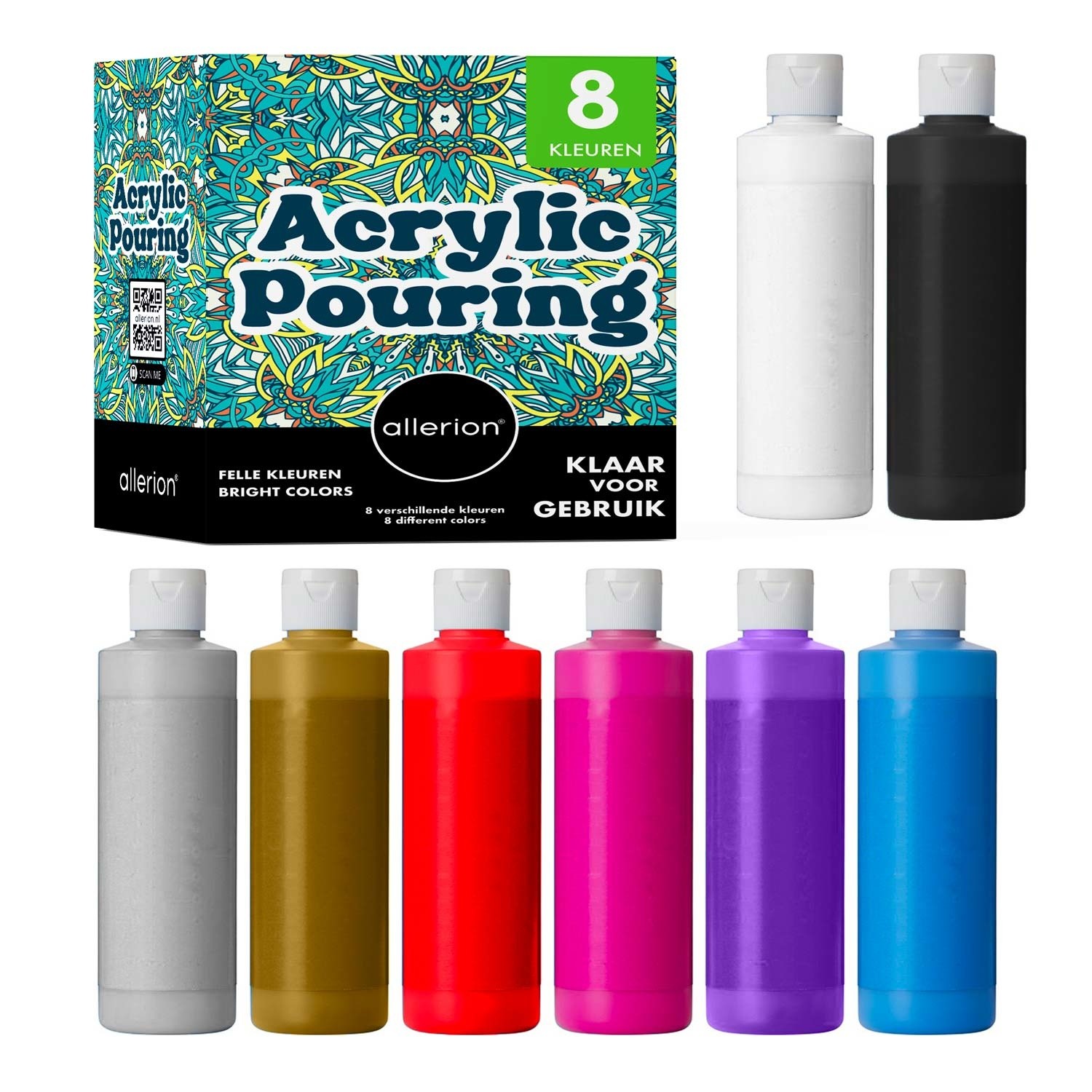 statistieken fles platform Allerion - Acryl Pouring Set - 8 Verschillende Kleuren Verf - Allerion
