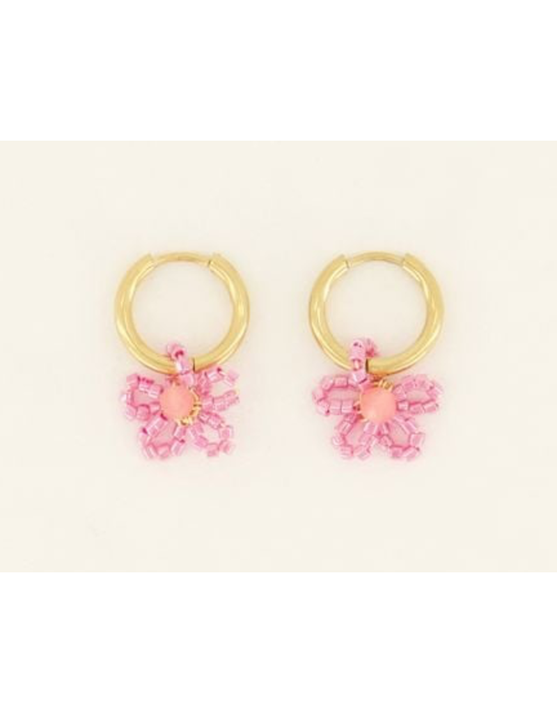 My Jewellery Oorringen met kralen bloem goud en roze