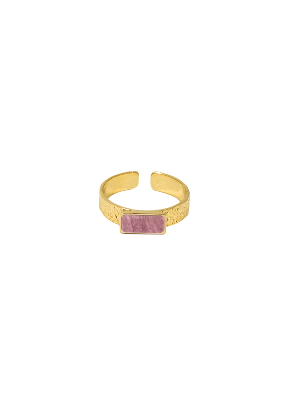 21Jewelz Ring met textuur & vierkante roze steen - goud