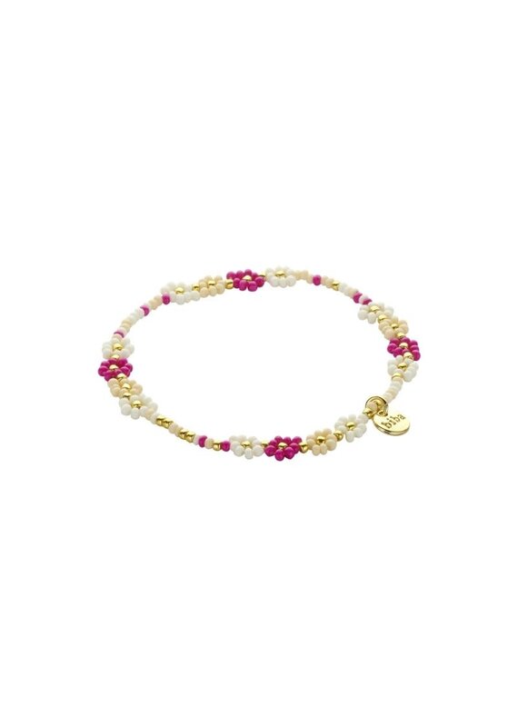 Biba Bloemen armband met ecru & fuchsia kralen