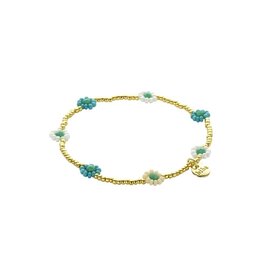 Biba Goudkleurige kralen armband met bloemen - blauw