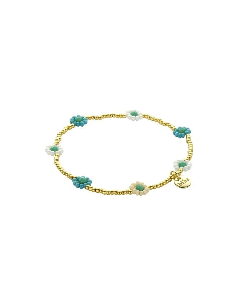 Biba Goudkleurige kralen armband met bloemen - blauw