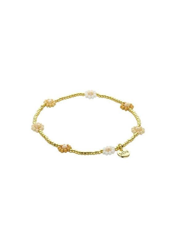 Biba Goudkleurige kralen armband met ecru & beige bloemen