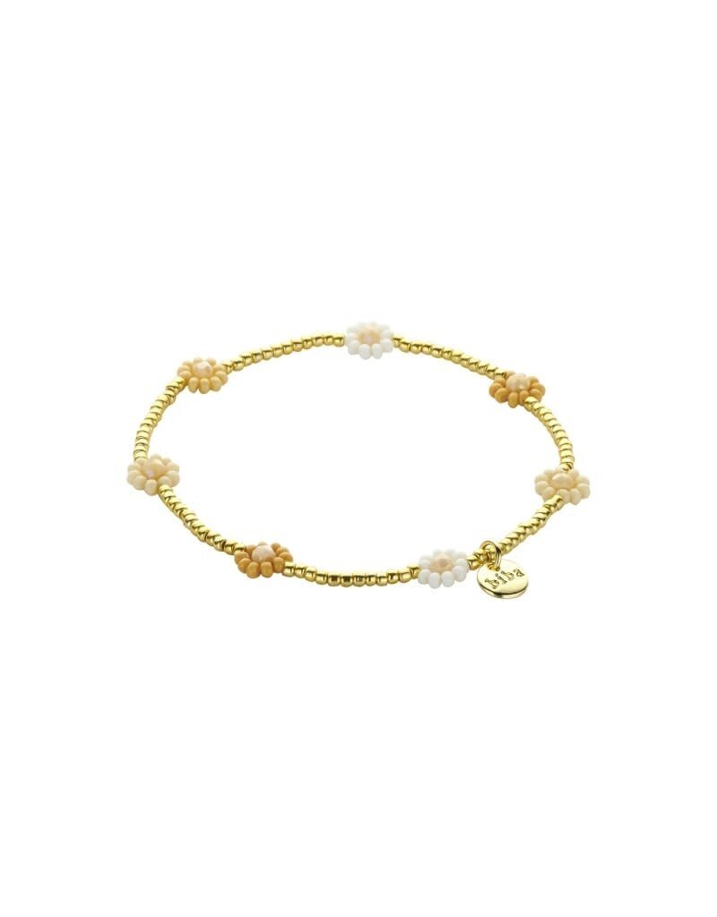 Biba Goudkleurige kralen armband met ecru & beige bloemen
