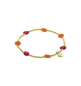 Biba Goudkleurige kralen armband met oranje & paarse bloemen