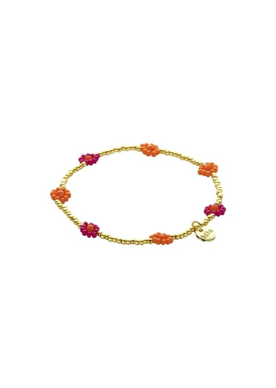 Biba Goudkleurige kralen armband met oranje & paarse bloemen