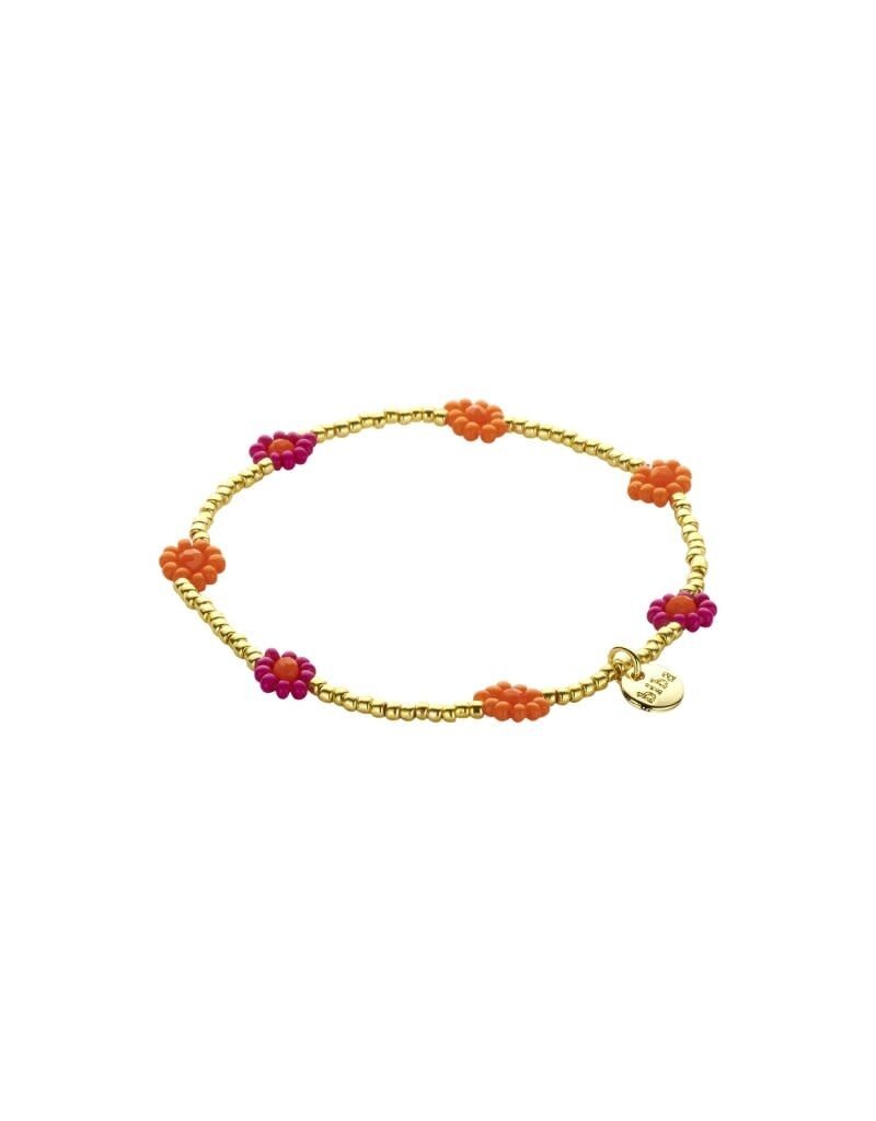 Biba Goudkleurige kralen armband met oranje & paarse bloemen