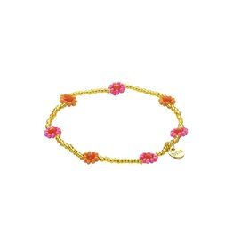 Biba Goudkleurige kralen armband met oranje & roze bloemen