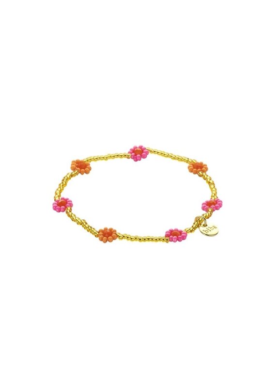 Biba Goudkleurige kralen armband met oranje & roze bloemen