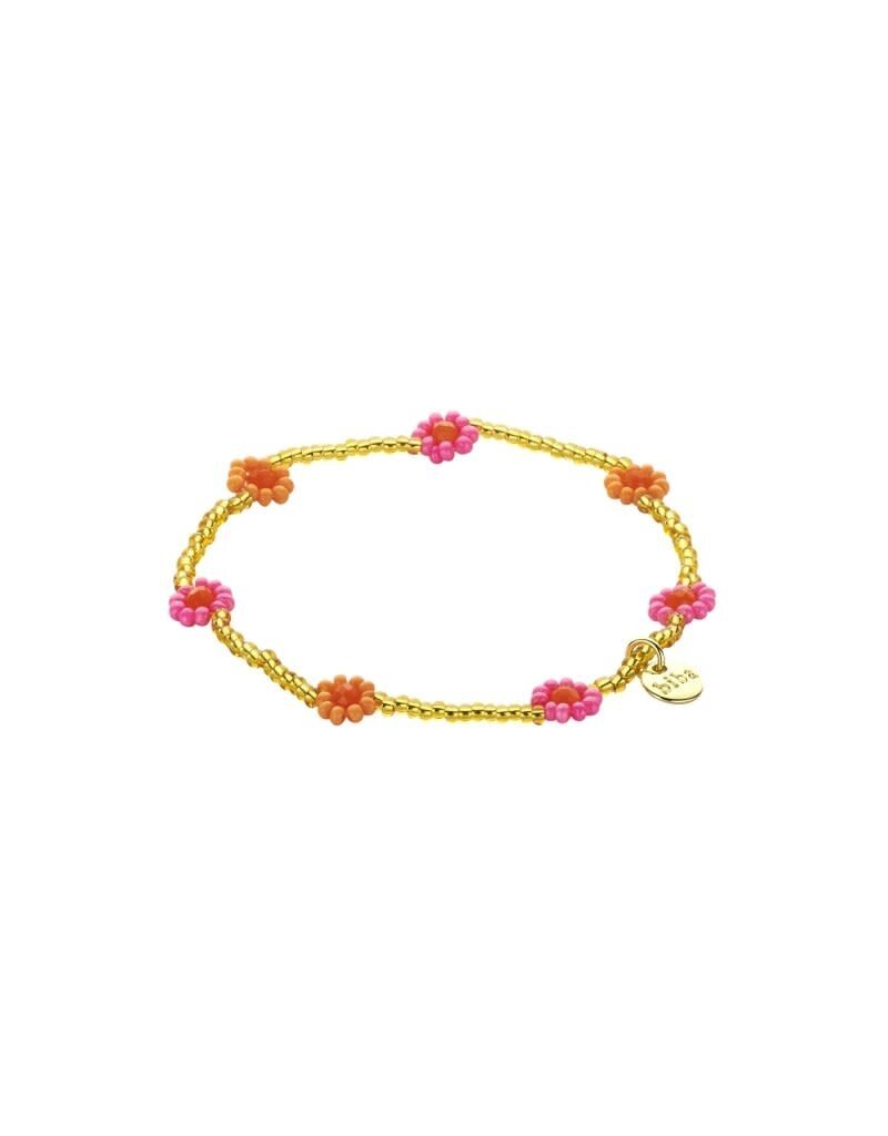 Biba Goudkleurige kralen armband met oranje & roze bloemen