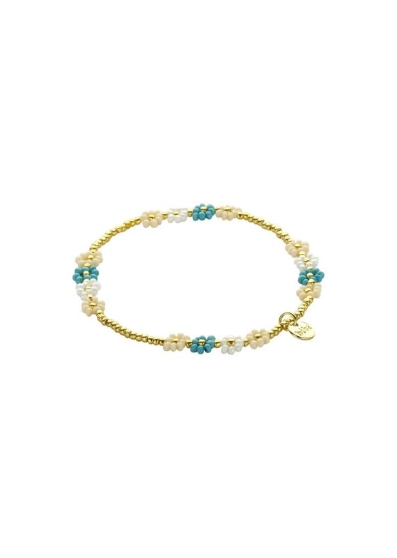 Biba Kralen armband met bloemen - blauw/goud/beige