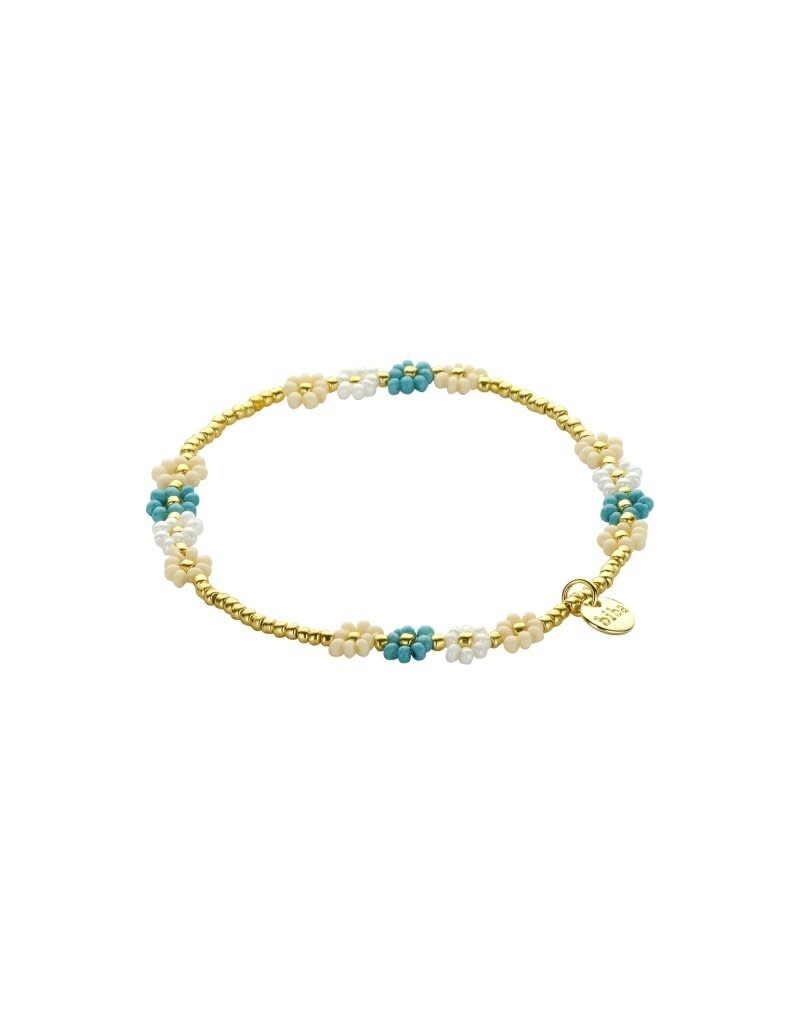 Biba Kralen armband met bloemetjes - goud/blauw