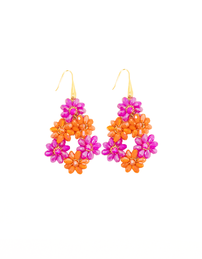 21Jewelz Statement oorhangers met fuchsia en oranje bloemen