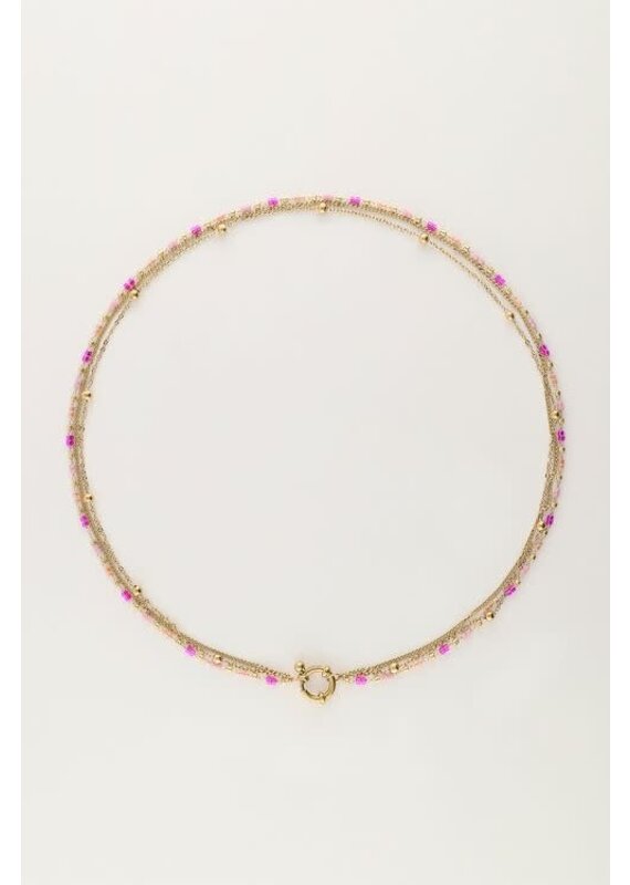 My Jewellery Driedubbele ketting met roze kralen - goud
