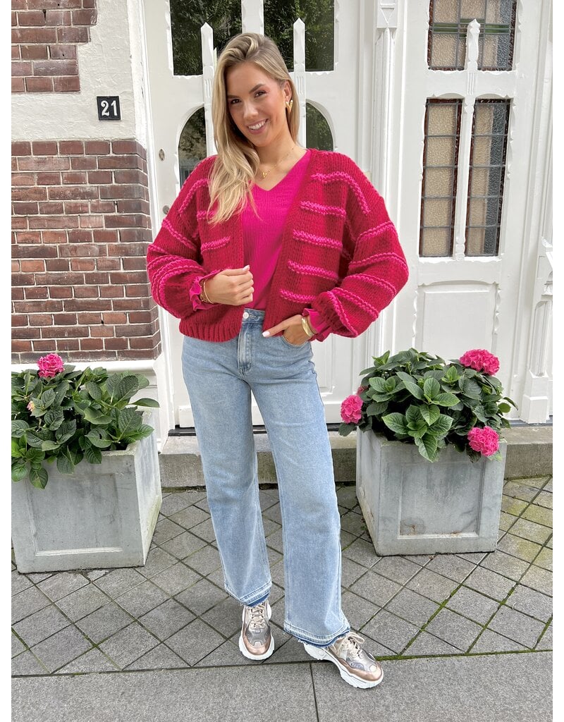 21Jewelz Gebreid vest met pofmouw en streep - Donkerrood/roze