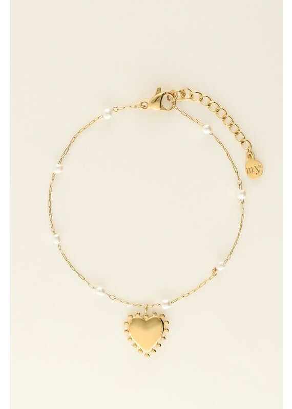 My Jewellery My Jewellery | Armband met hartjes bedel en imitatieparels - goud