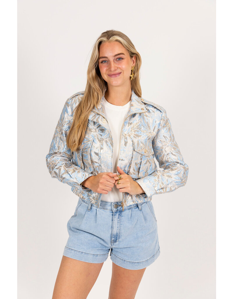 21Jewelz Jacquard bomber jack met bloemen- blauw
