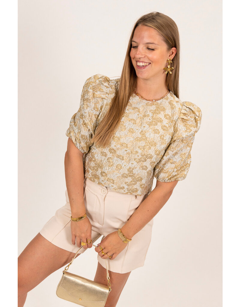 21Jewelz Pofmouwen top met gouden bloemen en jacquard print