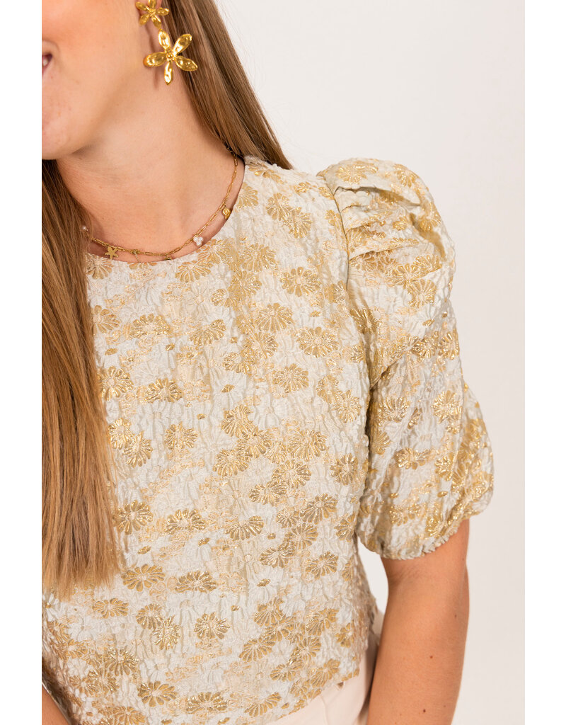 21Jewelz Pofmouwen top met gouden bloemen en jacquard print