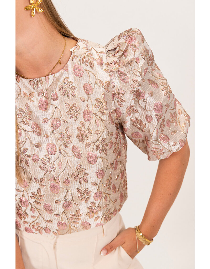 21Jewelz Pofmouwen top met roze jacquard print