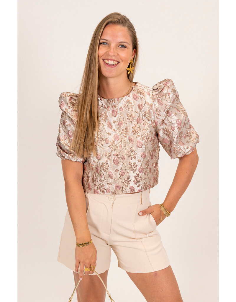 21Jewelz Pofmouwen top met roze jacquard print