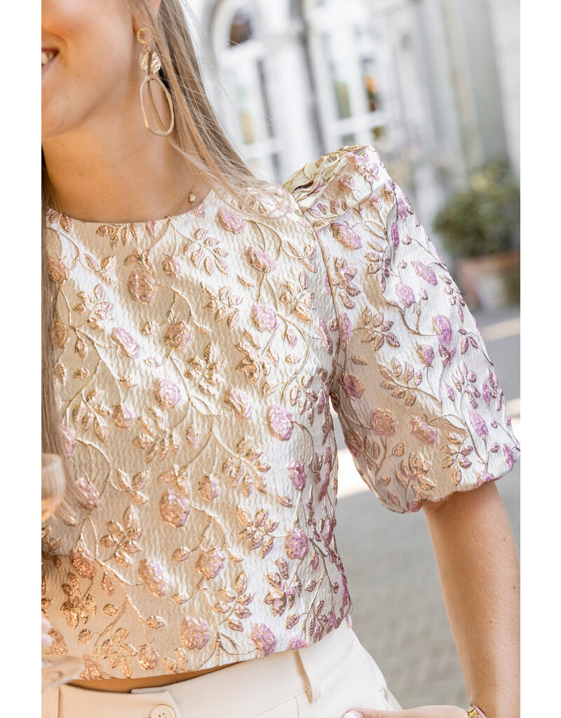 21Jewelz Pofmouwen top met roze jacquard print