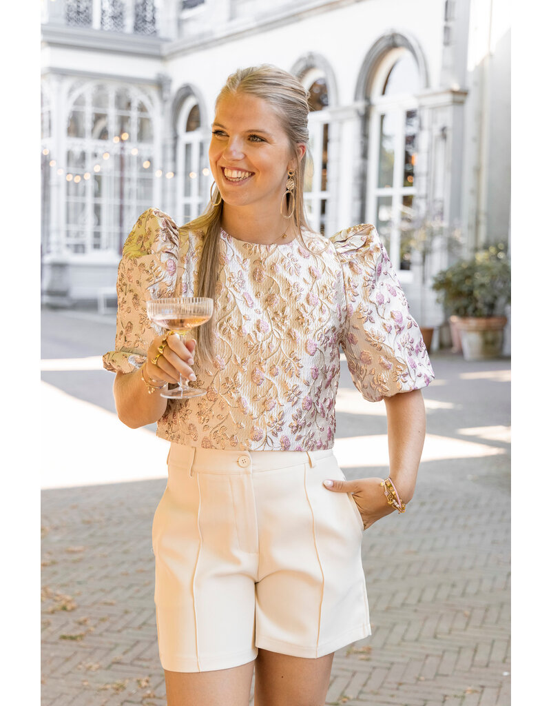 21Jewelz Pofmouwen top met roze jacquard print