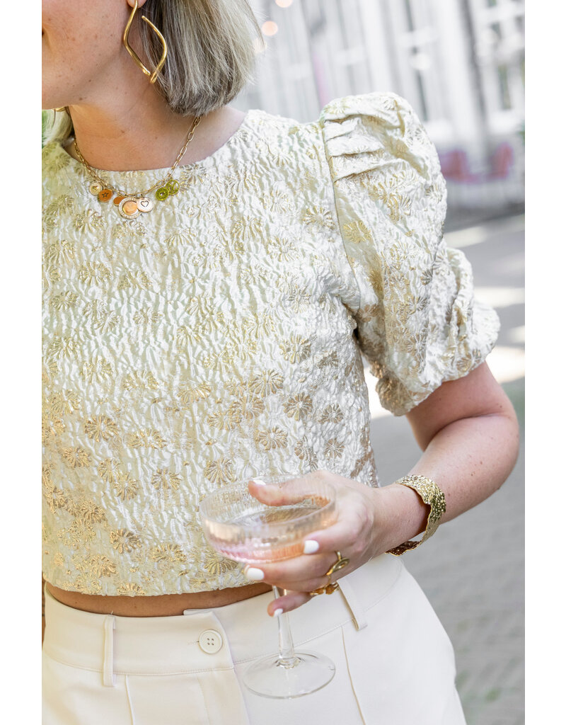 21Jewelz Pofmouwen top met gouden bloemen en jacquard print