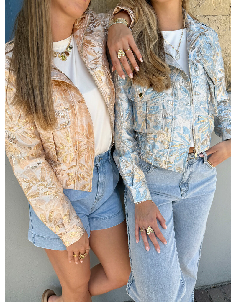 21Jewelz Jacquard bomber jack met bloemen- blauw