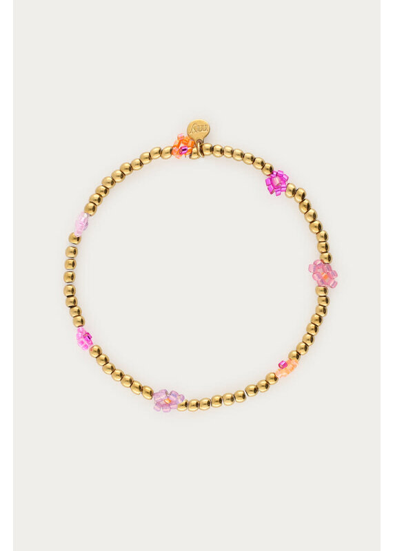 21Jewelz My Jewellery | Kralen armband met roze & oranje bloemen - goud