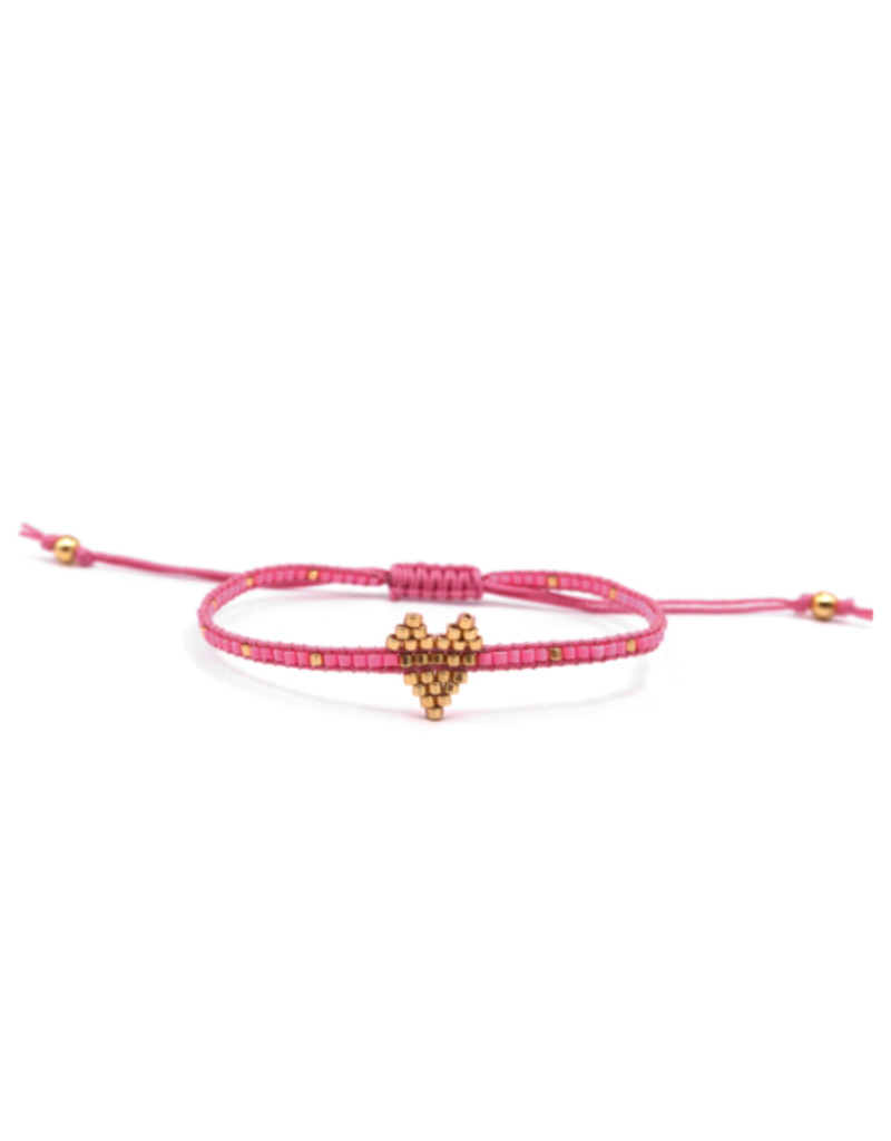 Geknoopt kralen armbandje met goud hartje - roze