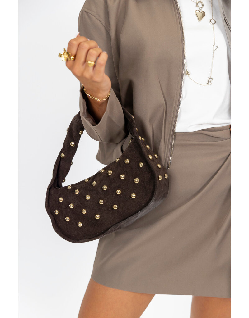 21Jewelz Midi handtas met gouden studs - suede donker bruin