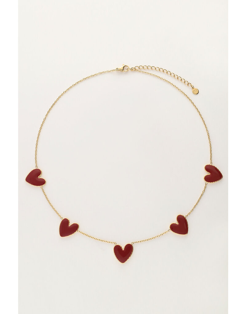 My Jewellery My Jewellery - Fijne ketting met burgundy hartjes - goud