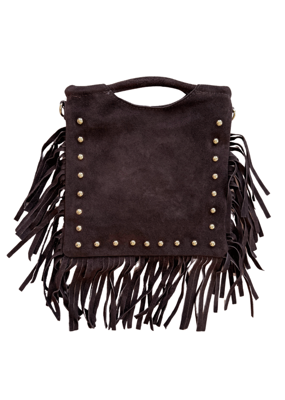 21Jewelz Vierkante tas met franjes & gouden studs - choco bruin