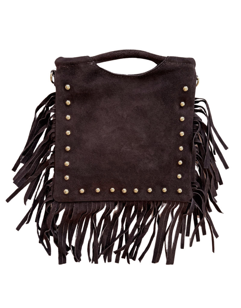 21Jewelz Vierkante tas met franjes & gouden studs - choco bruin