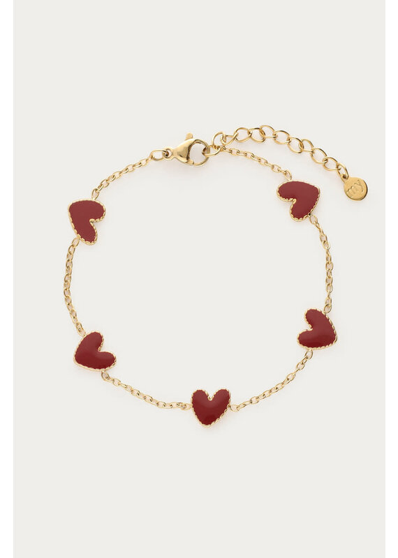 My Jewellery My Jewellery - Armband met burgundy mini hartjes - goud