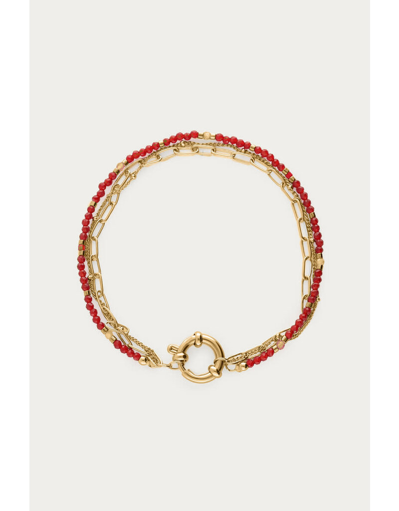 My Jewellery My Jewellery - Driedubbele burgundy armband met slot - goud
