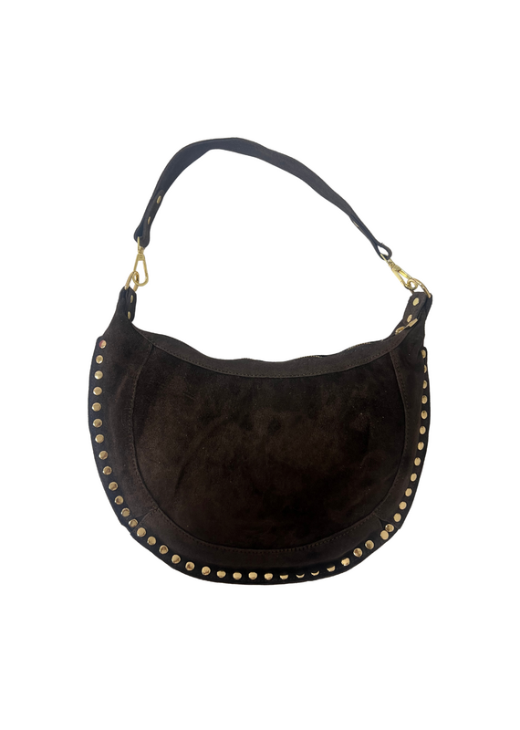21Jewelz Middelgrote halfronde tas met studs - suede choco bruin