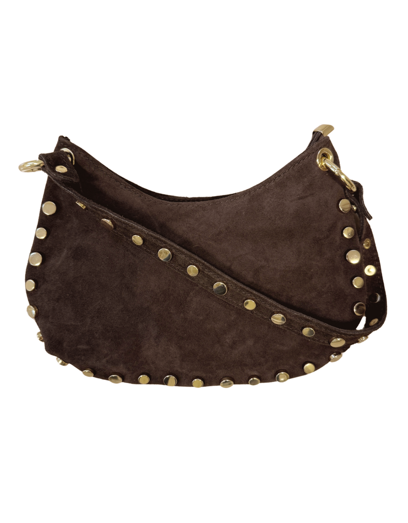21Jewelz Halfronde suede tas met gouden studs - donkerbruin