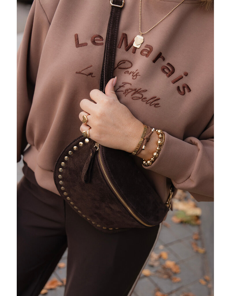 21Jewelz Crossbody tas met gouden studs - suede donker bruin