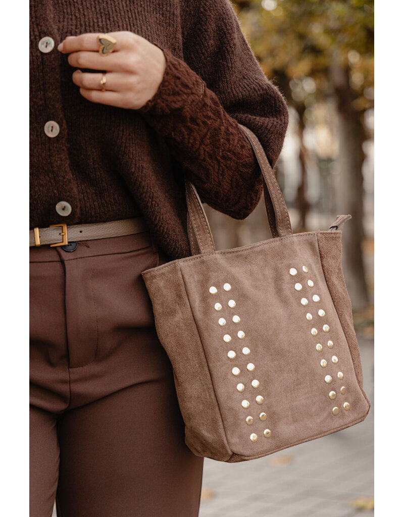 21Jewelz Suede tasje met kleine gouden studs - taupe