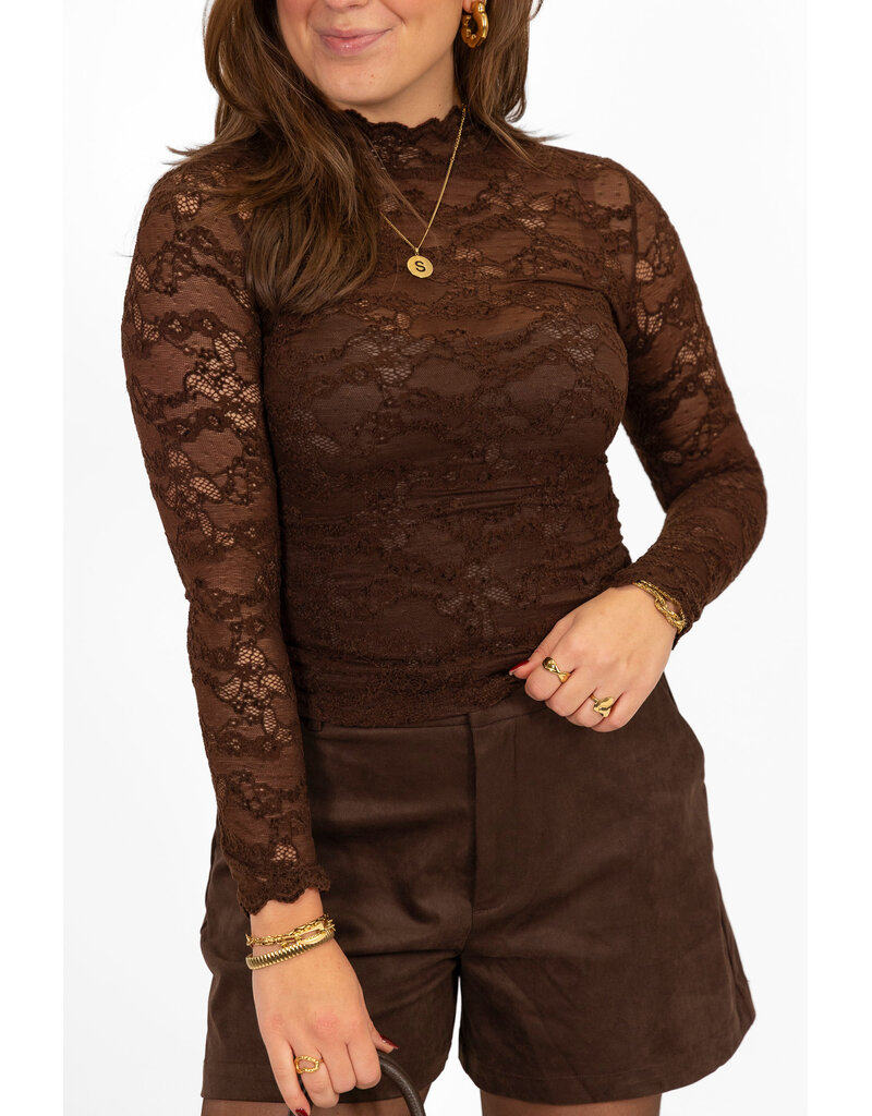 21Jewelz Kanten top met fluwelen details - bruin