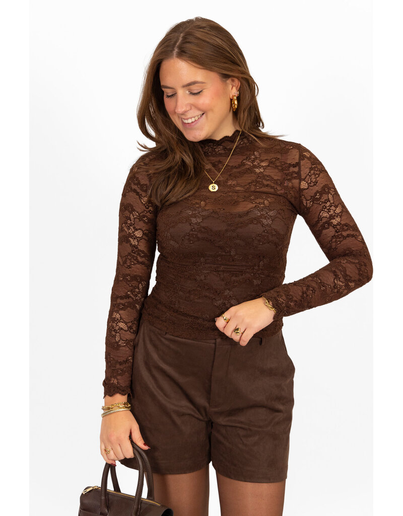 21Jewelz Kanten top met fluwelen details - bruin