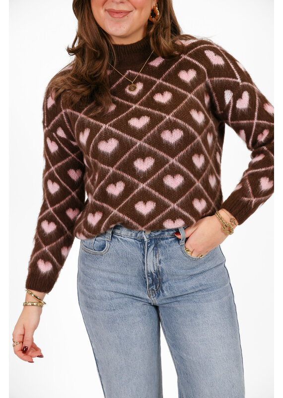 21Jewelz Gebreide trui met hartjes print - bruin / roze