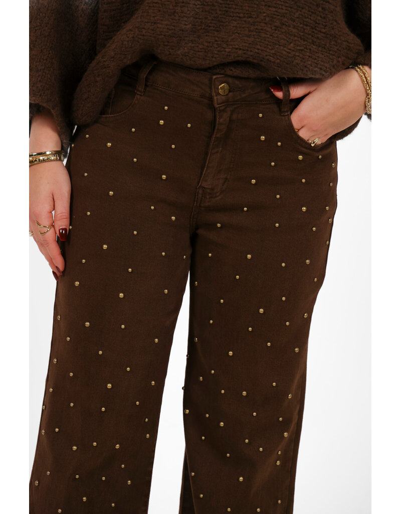 21Jewelz Wide leg jeans met gouden studs - choco bruin