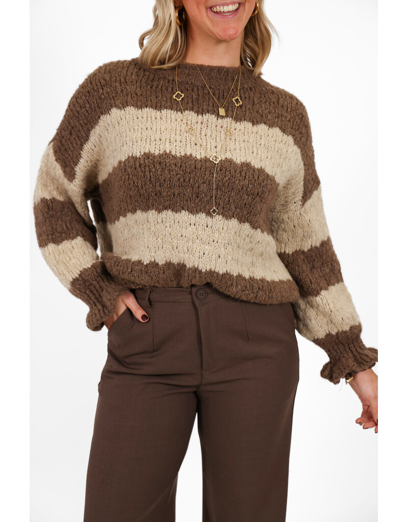 21Jewelz Gestreepte trui met ruffle mouwtje - bruin / beige