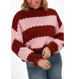 21Jewelz Gestreepte trui met ruffle mouwtje - bordeaux / roze