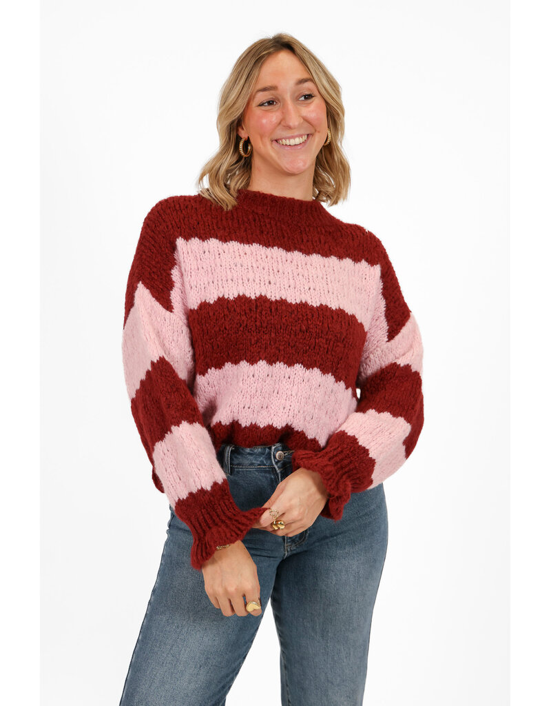 21Jewelz Gestreepte trui met ruffle mouwtje - bordeaux / roze